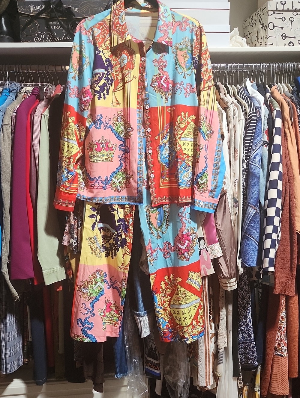 Colorful Baroque Print Button-Up Top and Pants Set